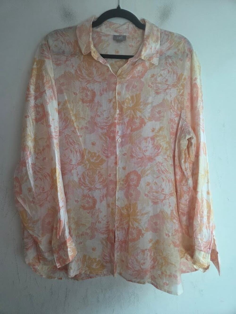 J.Jill Beige w/Pink Orange Floral 100% Linen Button Up Long Sleeve Blouse Large